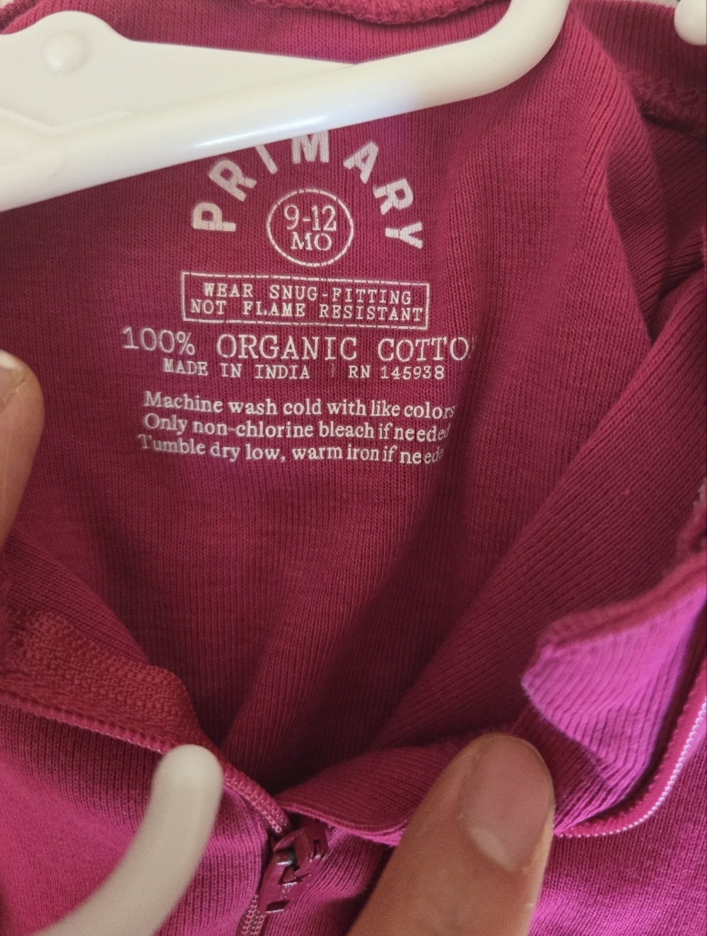 Primary Raspberry Footie Sleeper 9-12m - Picture 5 of 5